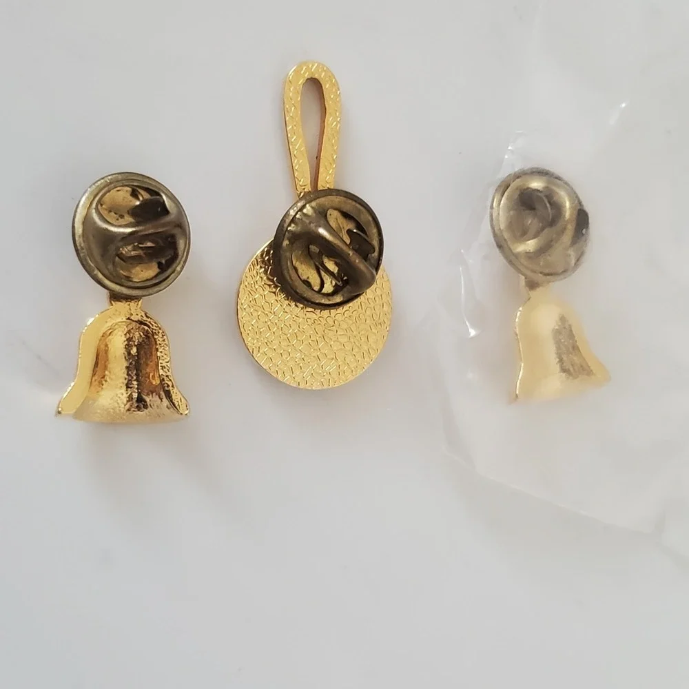 Lot of 3 Gold Tone Bell & Pan Lapel Pins Brooches Collectible Jewelry